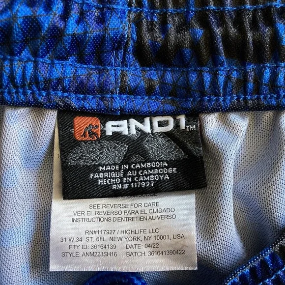 And1 Mens Small Basketball Shorts Silky Shiny Dazzle Blue Black Geometric Pocket - Picture 8 of 14